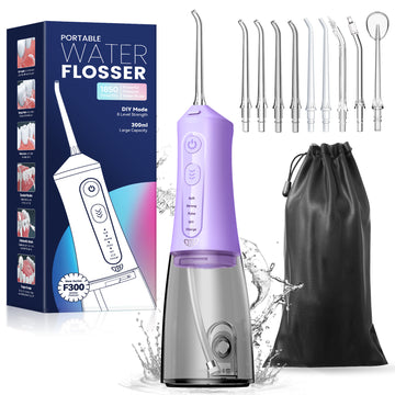 JTF Cordless Water Flosser Dental Teeth Cleaner with 9 Jet Tips, DIY Mode 300ML Tank IPX7 Waterproof Portable Rechargeable Water Pick Dental Oral Irrigator for Home and Travel, Purple