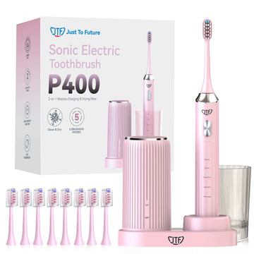 JTF Sonic Electric Toothbrush with UV & Drying: 5 Customized Modes for Effective Yet Gentle Cleaning –with 8 Brush Heads, Rinse Cup, Wireless Charging Base, Rechargeable for Daily Care, Home & Travel