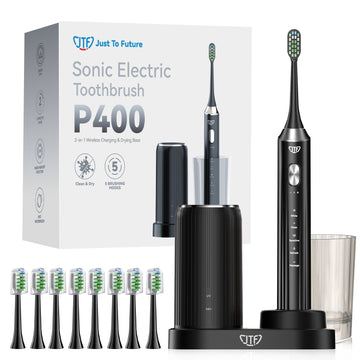 JTF Sonic Electric Toothbrush with UV & Drying: 5 Customized Modes for Effective Yet Gentle Cleaning –with 8 Brush Heads, Rinse Cup, Wireless Charging Base, Rechargeable for Daily Care, Home & Travel