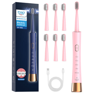 JTF Orthodontic Electric Toothbrush for Braces: 6 U-Shaped Soft Brush Heads, 5 Modes, 2Min Timer, IPX7 Waterproof, Deep Oral Clean, Orthodontic Power Toothbrush for Tooth with Dental Device, Pink