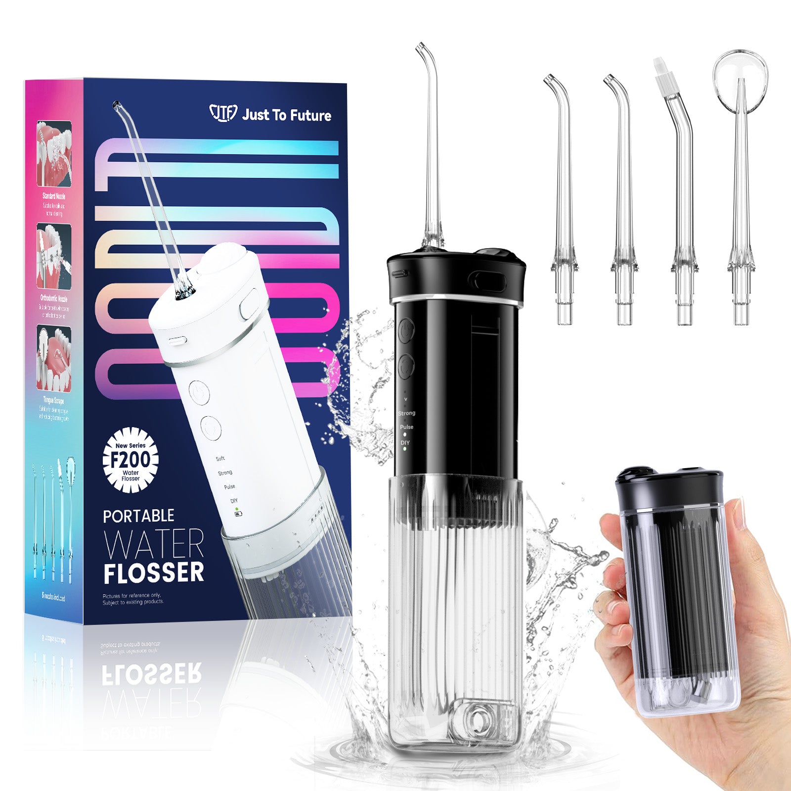 JTF Mini Cordless Water Flosser for Teeth with 5 Jet Tips and Travel Bag, 3+DIY Modes 230ML Telescopic Tank Portable Rechargeable Water Pick Dental Oral Irrigator, Black