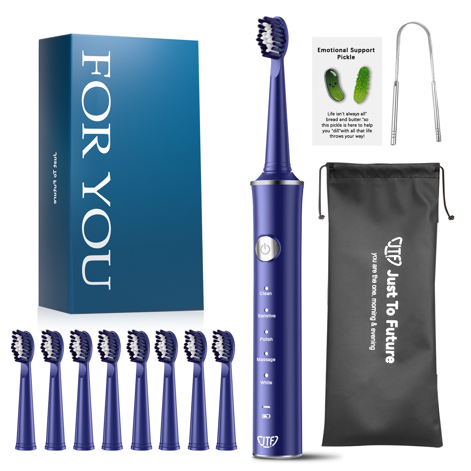 JTF Sonic Electric Toothbrush for Adults and Kids with 8 Brush Heads, Tongue Scraper and Travel Bag - FOR YOU 5 Modes Rechargeable Power Toothbrush for Family and Friends/For Home School Trips, Blue