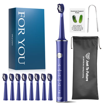 JTF Sonic Electric Toothbrush for Adults and Kids with 8 Brush Heads, Tongue Scraper and Travel Bag - FOR YOU 5 Modes Rechargeable Power Toothbrush for Family and Friends/For Home School Trips, Blue