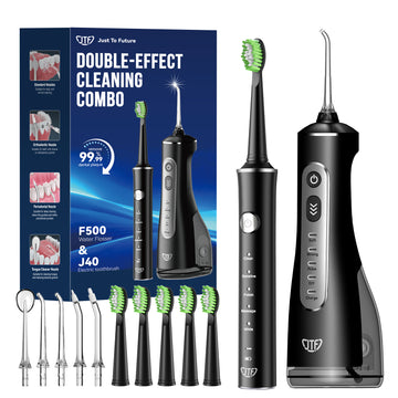 JTF 2-in-1 Oral Clean Kit- Electric Toothbrush & Water flosser Combo with Multiple Modes, 5 Brush Heads and 5 Jet Tips, Brushing & Flossing- Rechargeable for Teeth Cleaning and Gum Health, Black