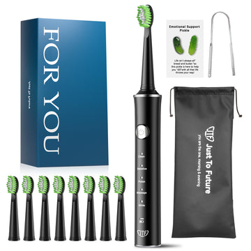 JTF Sonic Electric Toothbrush for Adults and Kids with 8 Brush Heads, Tongue Scraper and Travel Bag - FOR YOU 5 Modes Rechargeable Power Toothbrush for Family and Friends/For Home School Trips, Black