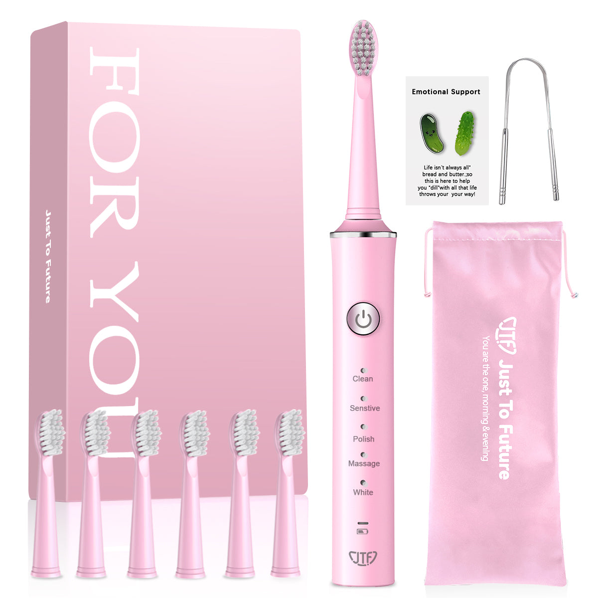 JTF Sonic Electric Toothbrush for Adults with Tongue Scraper, 5 Modes and 6 Brush Heads, Pink