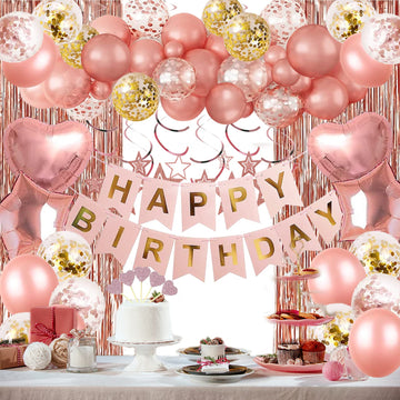 Rose Gold Birthday Party Decorations, Happy Birthday Banner, White Gold Fringe Curtain, Heart Star Foil Confetti Balloons, Hanging Swirls for Women Girls Birthdays Princess Party